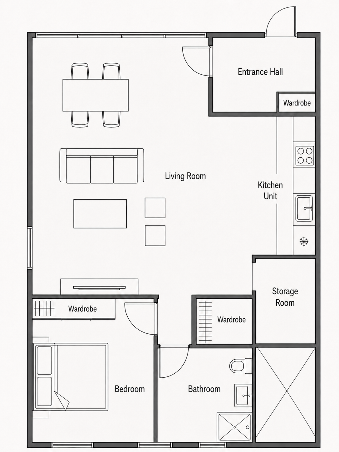 Půdorys dvoupokojového apartmánu 50 m² v Petrčane